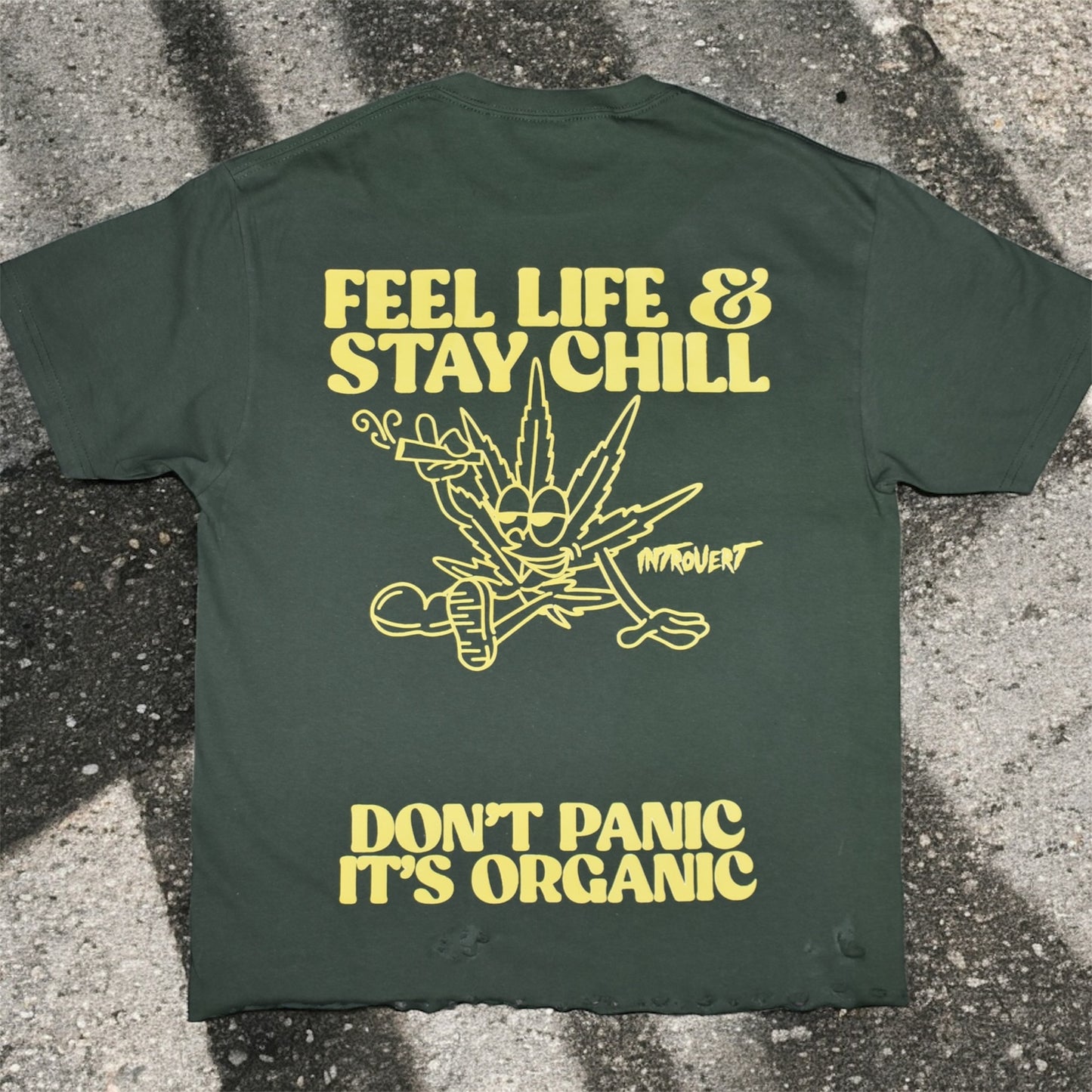 FEEL LIFE STAY CHILL HUNTER GREEN BOTTOM DISTRESSED TEE